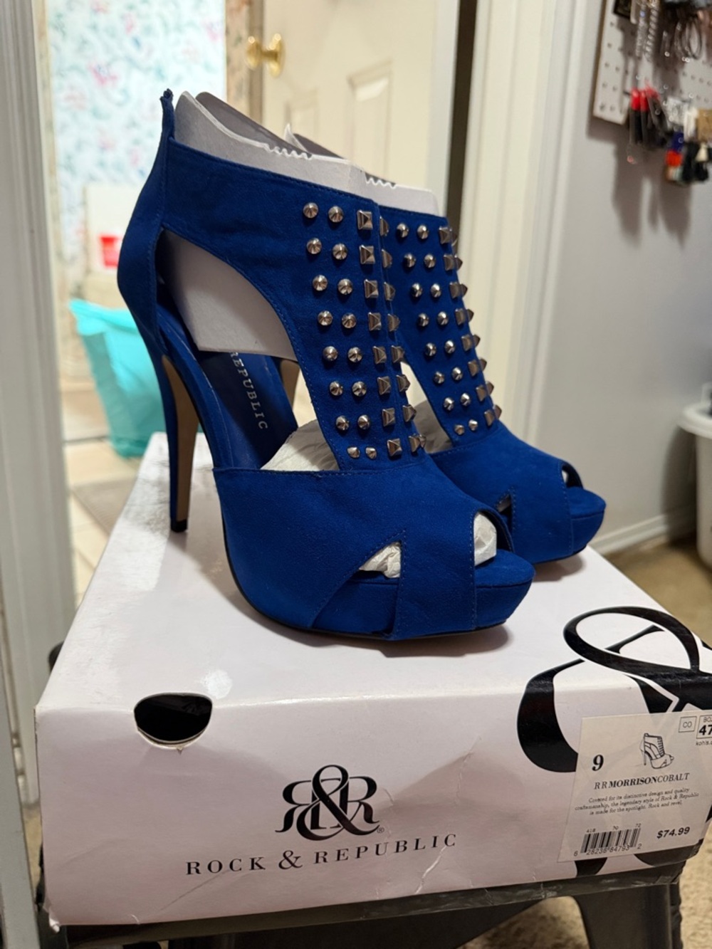 Rock & Republic Cobalt Blue Studded Peep-Toe Stiletto Heels